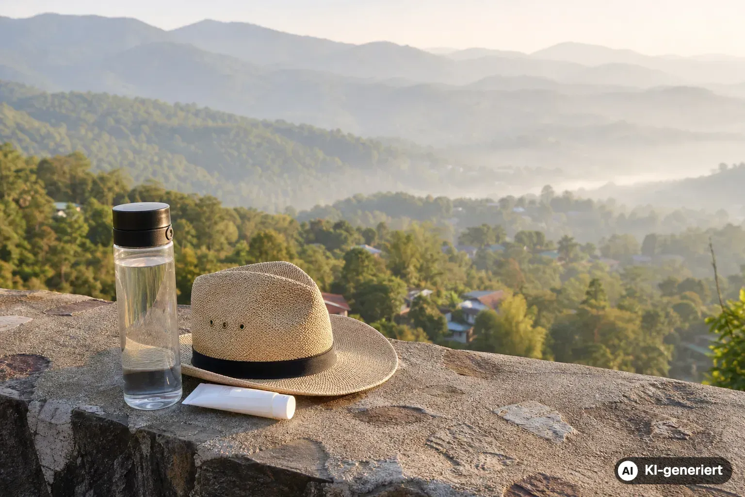 Berglandschaft bei Chiang Mai mit Trinkflasche, Sonnenhut und Sonnencreme im Morgenlicht (KI-generiert)