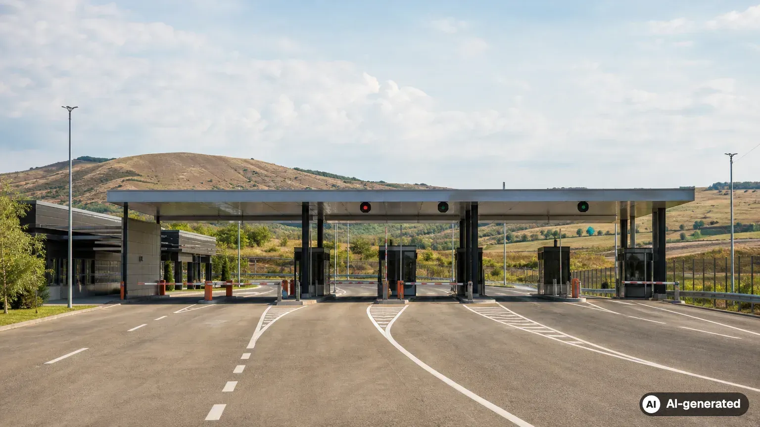 Modern border crossing with inspection booths and separate lanes in a peaceful landscape (AI-generated)