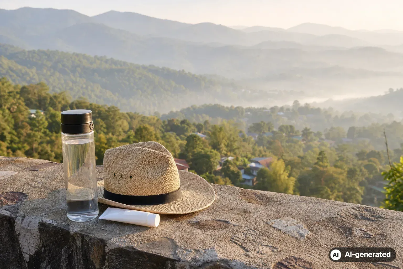 Mountain landscape near Chiang Mai with a water bottle, sun hat and sunscreen in morning light (AI-generated)
