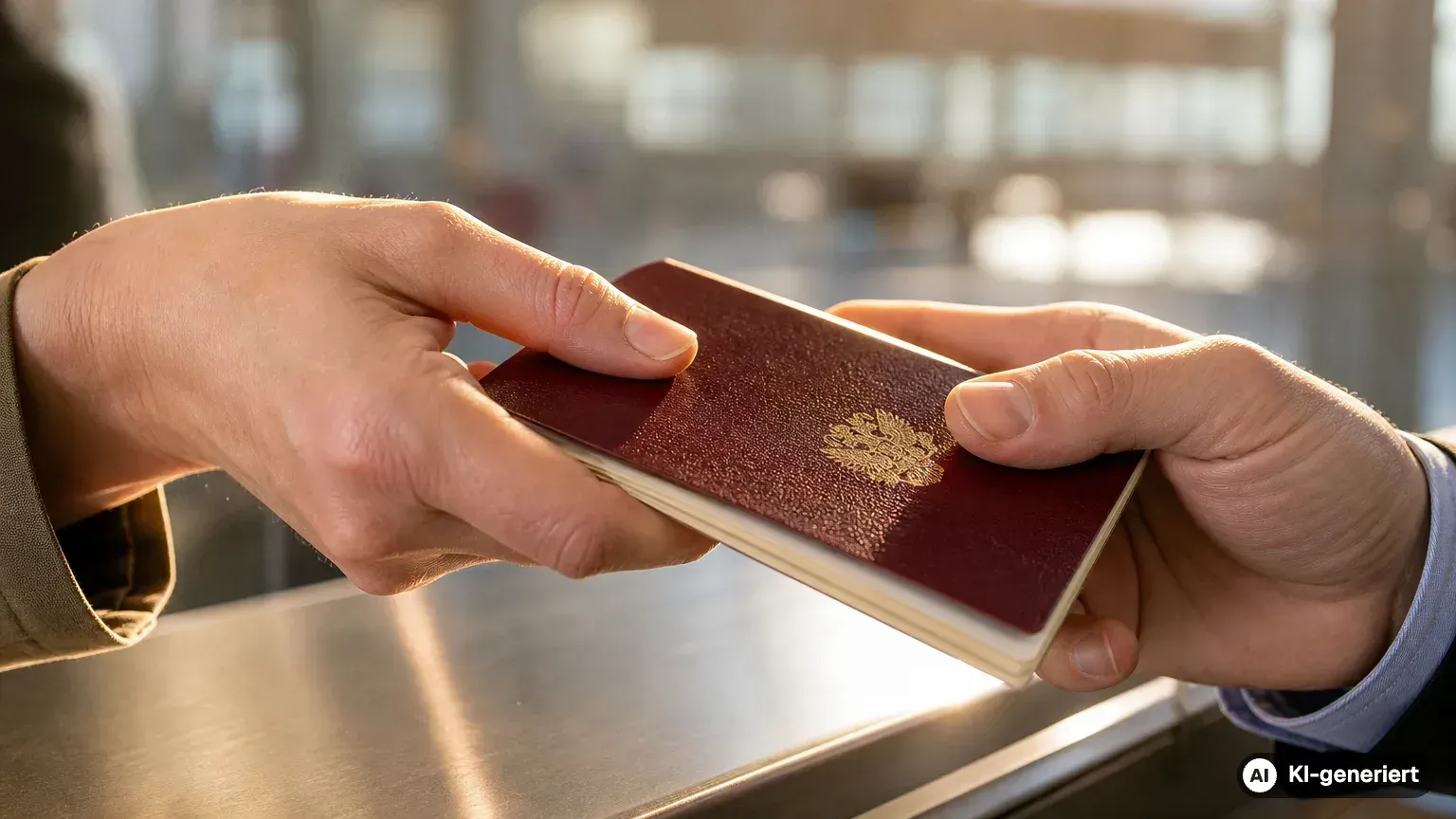 Nahaufnahme einer Reisepassprüfung am Check-in-Schalter vor unscharfer Abflughalle (KI-generiert)