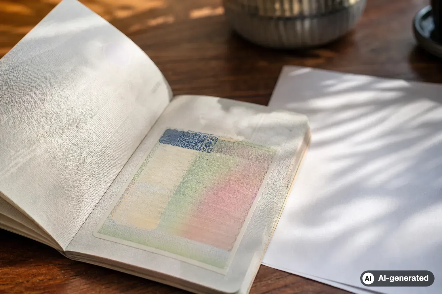 Partially visible passport with a visa label next to a printed confirmation page (AI-generated)