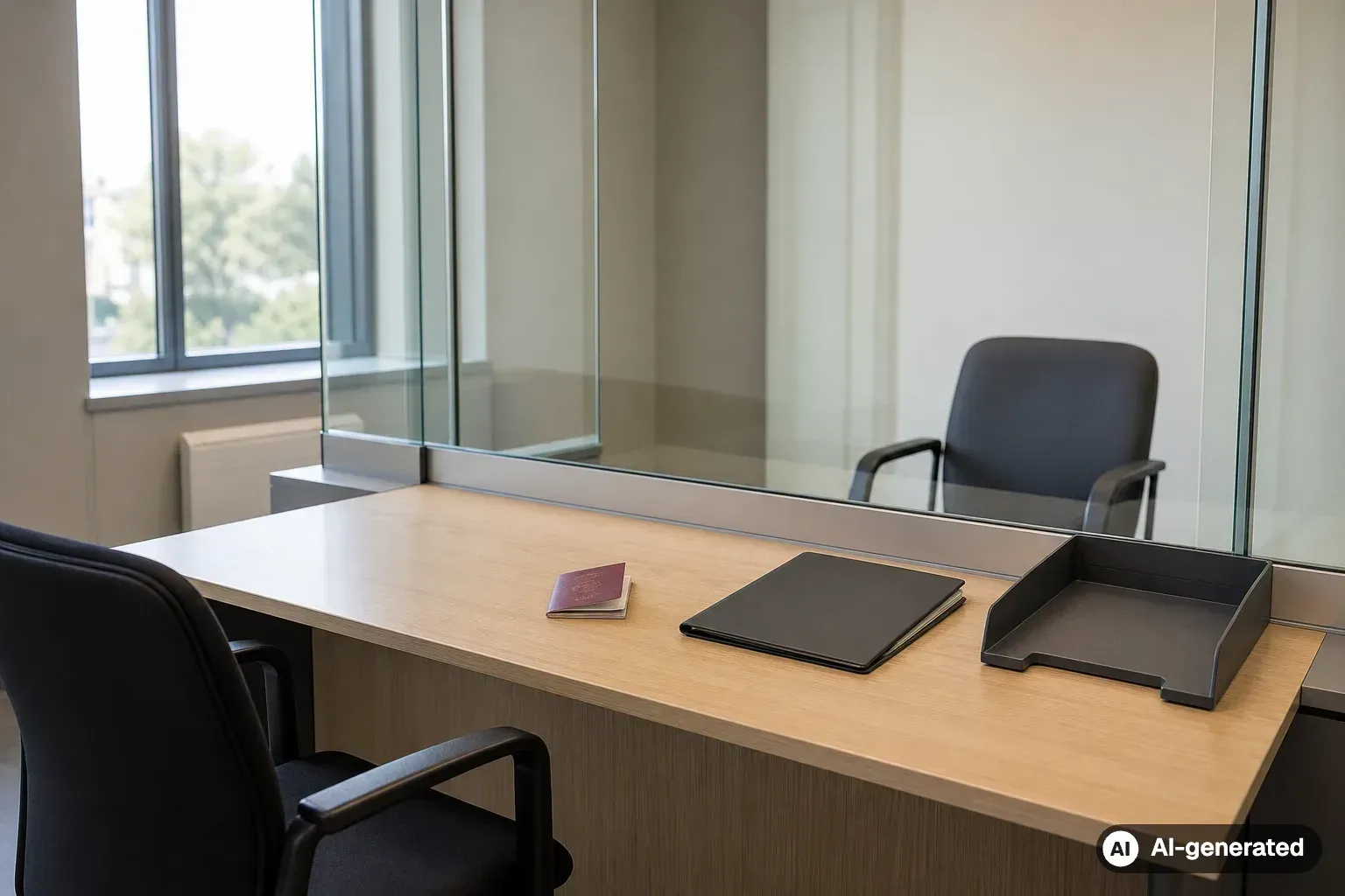Formal visa office review room with a passport and closed document folder (AI-generated)