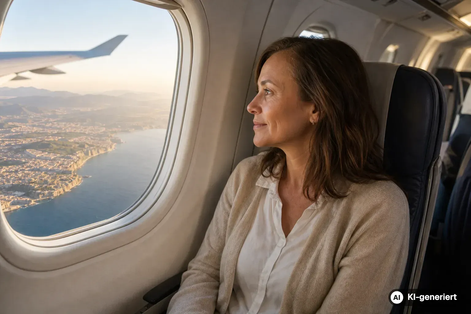Reisende blickt kurz vor der Landung aus dem Flugzeugfenster auf die Küste des Ziellandes (KI-generiert)