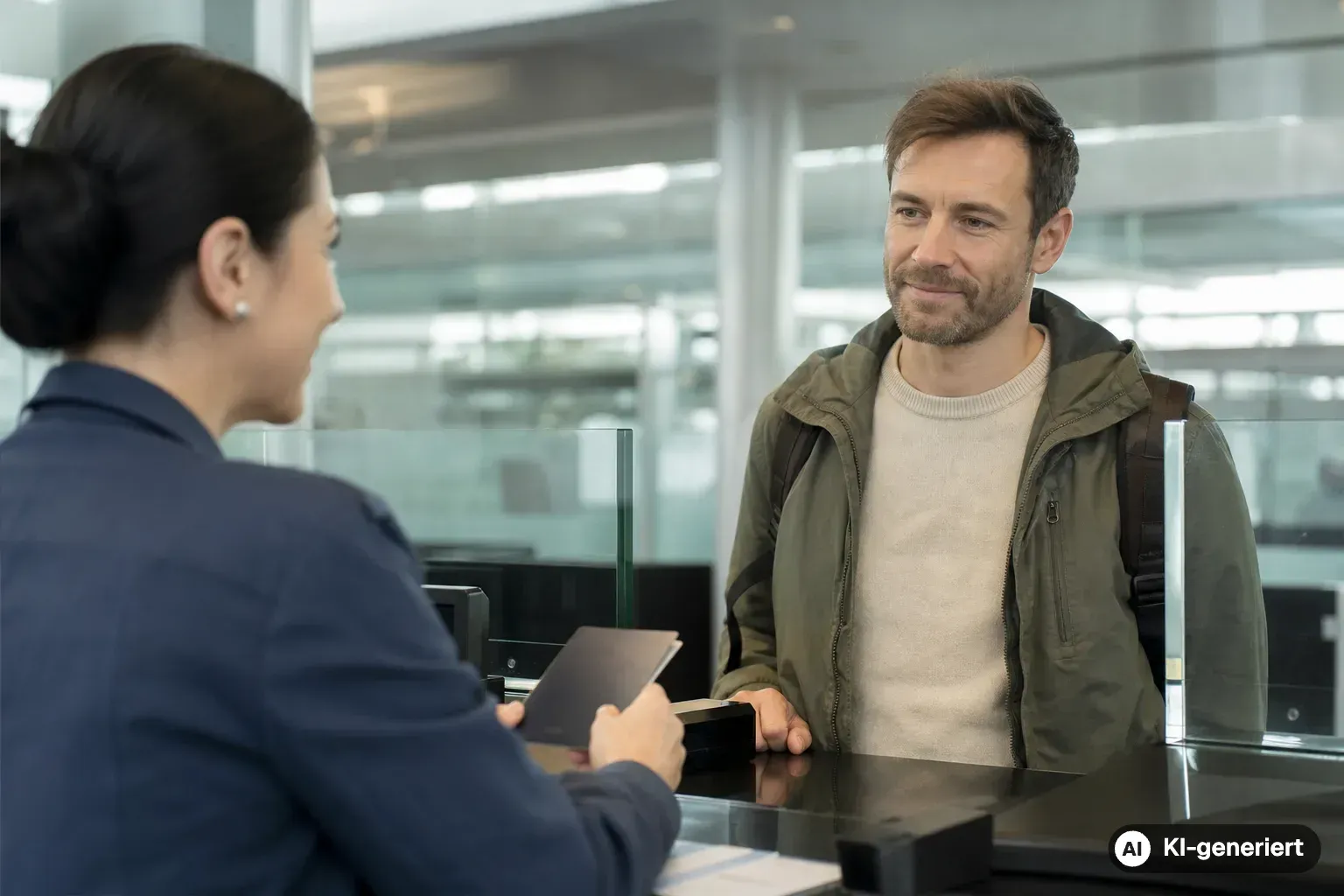 Reisender bei der Passkontrolle am Flughafen (KI-generiert)