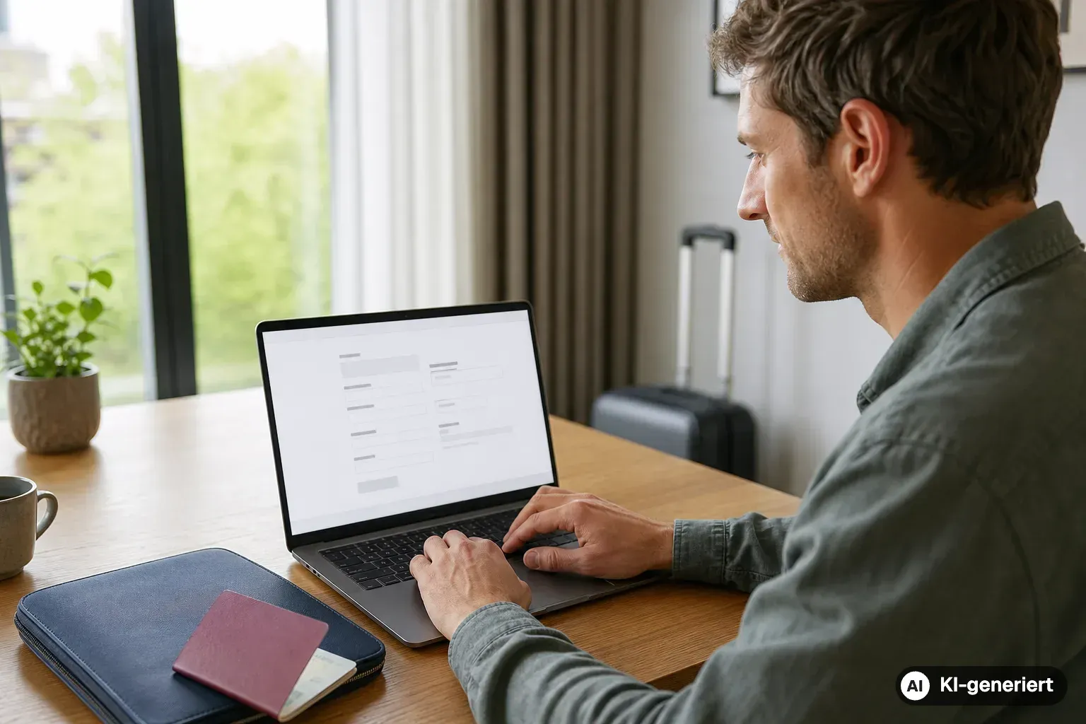 Reisender füllt am Laptop eine digitale Einreisekarte aus (KI-generiert)
