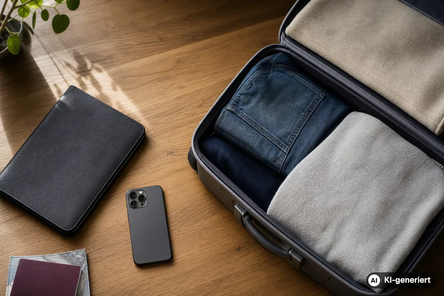 Reiseunterlagen, Smartphone und gepackter Koffer als Vorbereitung (KI-generiert)