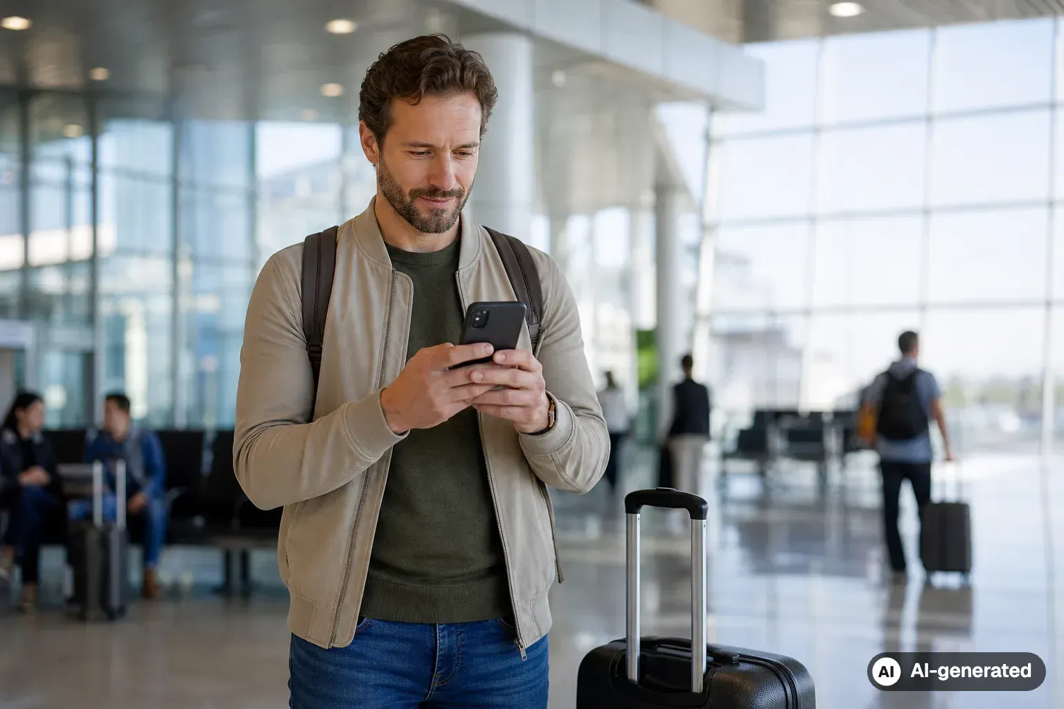 Traveller checking a digital entry authorization at the airport (AI-generated)