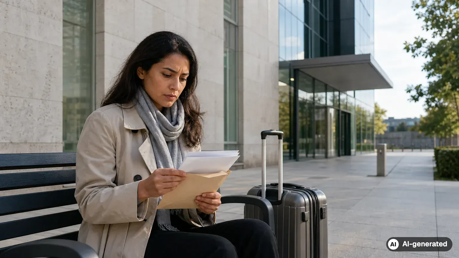 Traveller reading a visa decision notice outside a consular building (AI-generated)