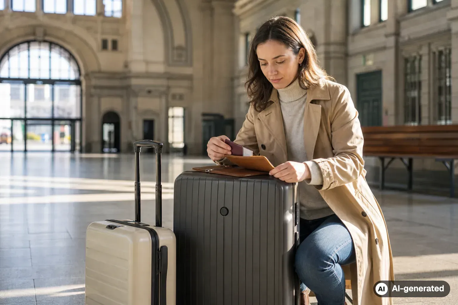 Traveller with small and large luggage in a train station hall (AI-generated)