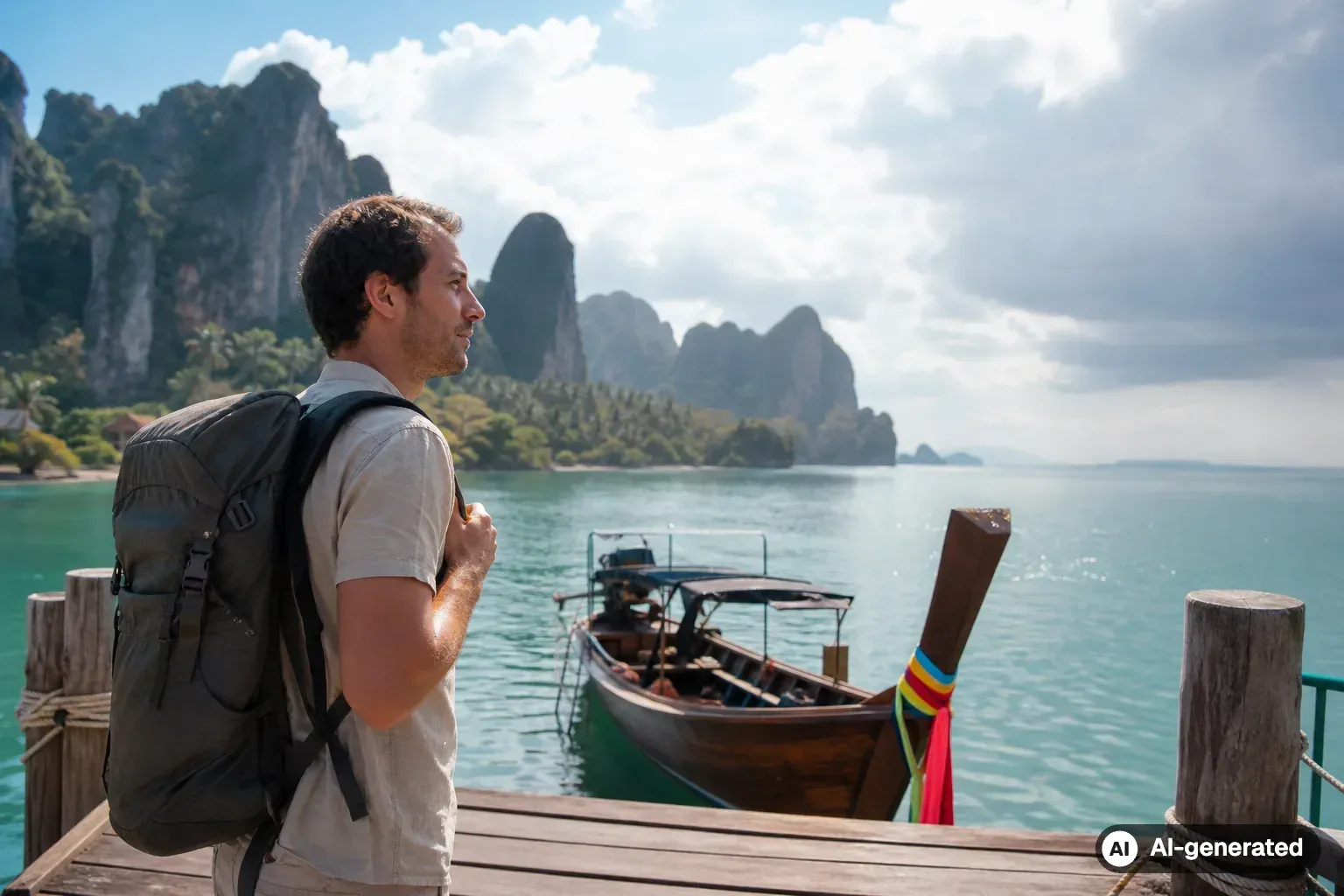 Traveler on a Thai pier with a longtail boat and limestone cliffs (AI-generated)