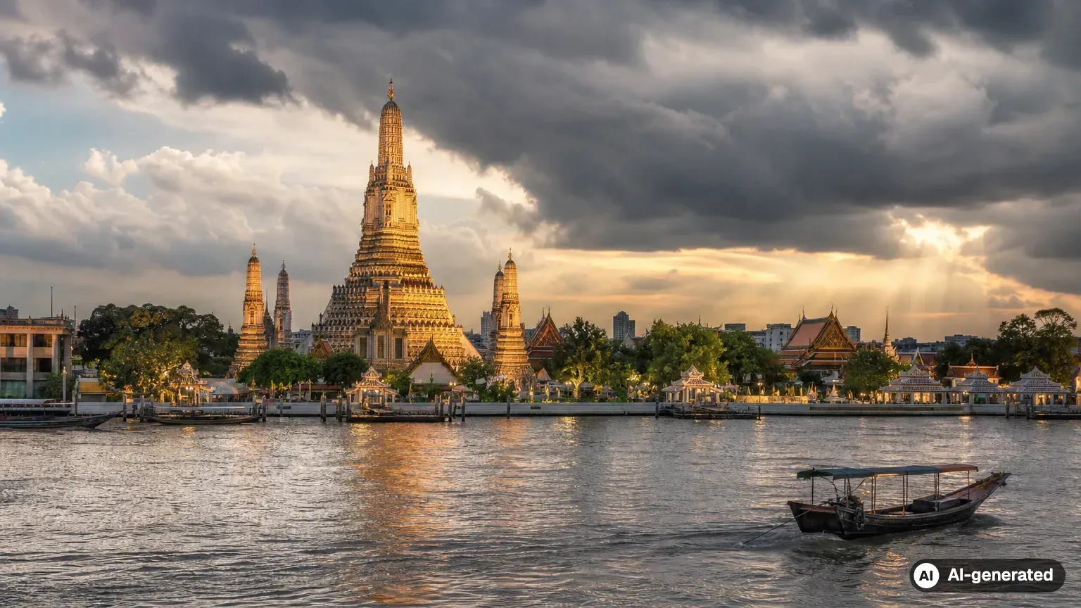 Wat Arun in Bangkok between monsoon clouds and warm evening light (AI-generated)